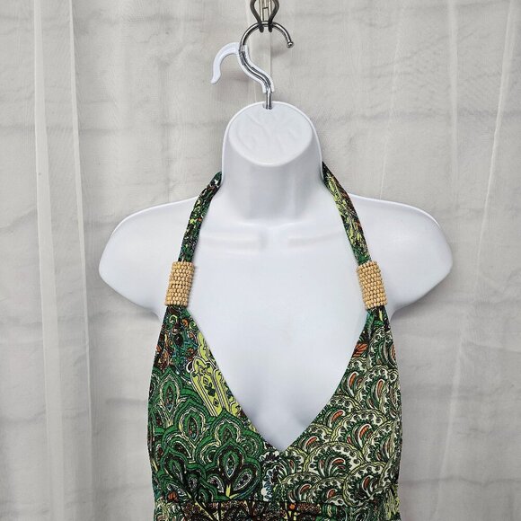 Claudia Richard Green Brown Retro Maxi Dress Halter Beaded Hippie Festival L - Picture 2 of 12
